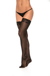 Lace top mesh thigh-high stockings featuring a silicone band for a secure fit, available in black, red, and white for a bold and sophisticated look.