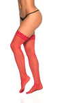 Lace top mesh thigh-high stockings featuring a silicone band for a secure fit, available in black, red, and white for a bold and sophisticated look.
