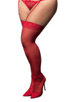 Lace top mesh thigh-high stockings featuring a silicone band for a secure fit, available in black, red, and white for a bold and sophisticated look.