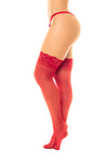Lace-banded thigh-high stockings with internal silicone for a secure fit, available in black, red, and white for an elegant and romantic look in two sizes.