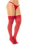 Lace-banded thigh-high stockings with internal silicone for a secure fit, available in black, red, and white for an elegant and romantic look in two sizes.
