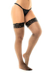 Fishnet thigh-high stockings with a lace band and silicone grip for a secure, luxurious, and comfortable fit, perfect for adding a touch of elegance to any outfit.