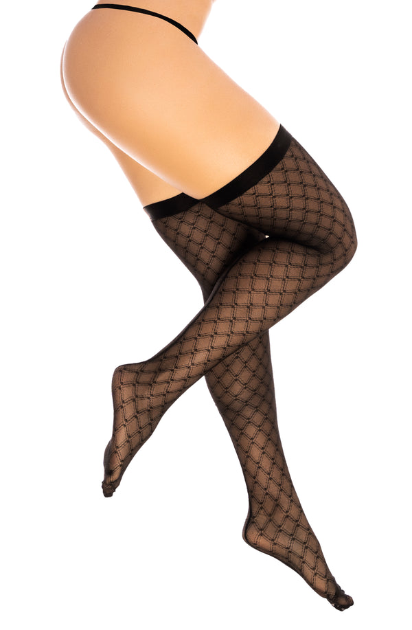 Elegant diamond mesh thigh-high stockings featuring a delicate and intricate pattern, perfect for adding a touch of sophistication to any outfit.