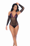 Enchanted Rose Fishnet & Lace Bodysuit with Halter Trim Ð Black/Purple