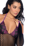 Enchanted Rose Fishnet & Lace Bodysuit with Halter Trim Ð Black/Purple