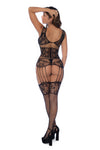 Starlit Desire Fishnet Bodystocking with Sheer Floral Cups Ð Black