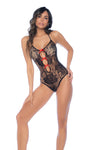 Seductive Flame Floral Fishnet Bodysuit Set with Satin Bows Ð Black/Red