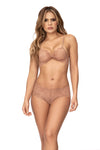 Enchanting Elegance Feminine Lace Bra Panty Set Slip On Sheer Top Spaghetti Straps Ruched Hipster High Cut Rear