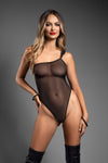 Black or pink one-shoulder mesh teddy with silver hardware and rope strap detail.