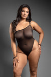 Black or pink one-shoulder mesh teddy with silver hardware and rope strap detail.