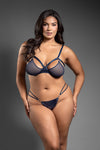 Navy metallic cage bra and crotchless panty set with silver hardware accents.