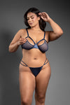 Navy metallic cage bra and crotchless panty set with silver hardware accents.