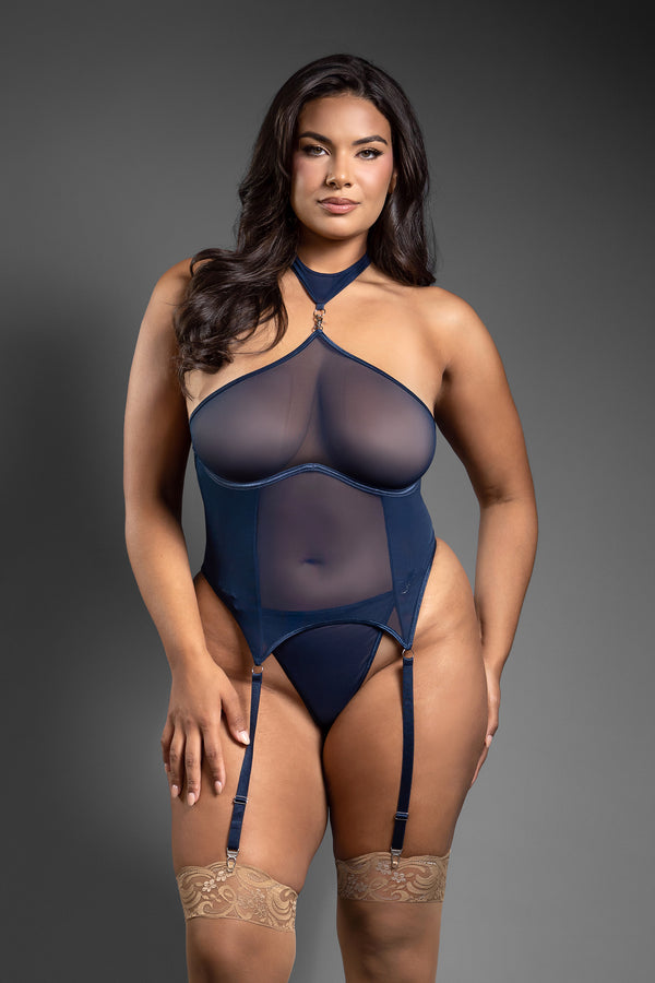 Navy mesh bustier with garters, detachable choker, and side-strap panty.