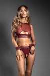 Burgundy faux leather cut-out lingerie set with crotchless panty, gold hardware, and cuffs.