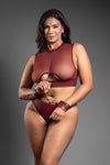 Burgundy faux leather cut-out lingerie set with crotchless panty, gold hardware, and cuffs.