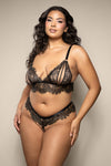 Black shimmer lace bralette with split pearl cups and crotchless pearl panty.