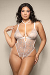 White embroidered teddy with pearl-strand neckline and plunging silhouette.