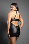 Black leatherette and sheer mesh chemise with daring zipper seams and buckle halter neckline, balancing edgy style with sensual elegance