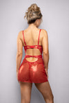 Ruby red sheer lace babydoll with underwire cups, floral embroidery, cut-out details, and matching panty for a fiery, romantic silhouette