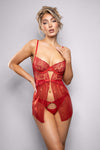 Ruby red sheer lace babydoll with underwire cups, floral embroidery, cut-out details, and matching panty for a fiery, romantic silhouette