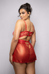 Ruby red sheer lace babydoll with underwire cups, floral embroidery, cut-out details, and matching panty for a fiery, romantic silhouette