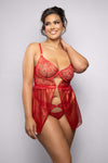 Ruby red sheer lace babydoll with underwire cups, floral embroidery, cut-out details, and matching panty for a fiery, romantic silhouette