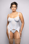 Aquamarine rhinestone mesh bustier lingerie set with pavŽ straps, garter attachments, and matching g-string.