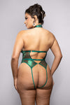 Emerald green shimmer mesh teddy with plunging keyhole front, halter neckline, chain fringe accents, and open thong back.