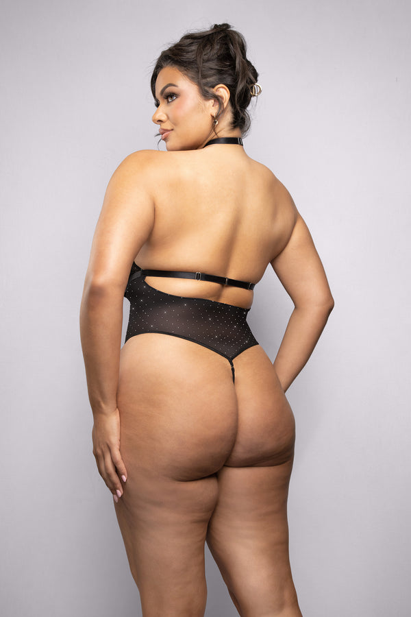 Black rhinestone mesh halter teddy with jeweled strap detail, sheer plunge front, and cheeky thong back.