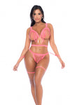 Heat Wave Wet Look Pink Three Piece Lingerie Set with Fringe & Garters