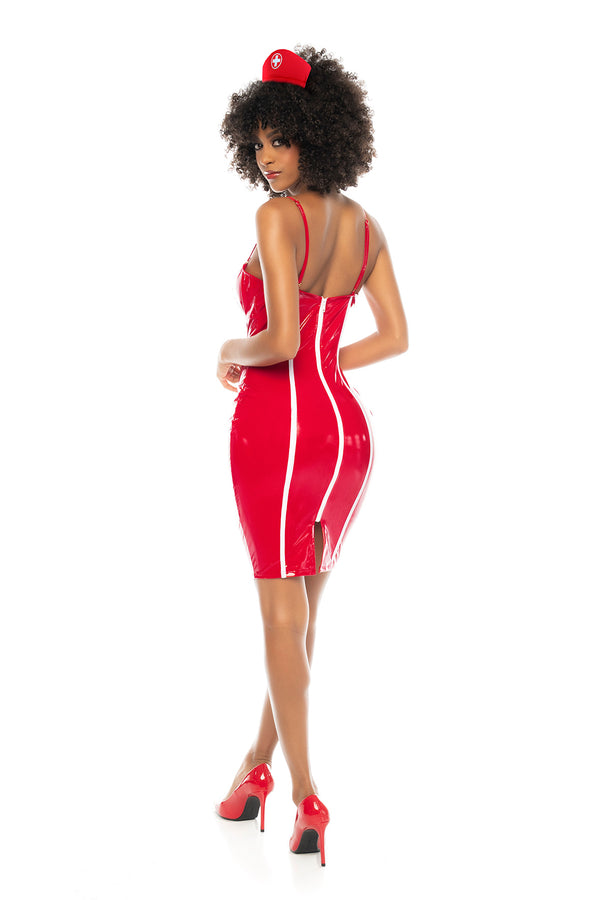 Unconventional Nurse Vinyl Costume - Daring with Laser-Cut Cross and Removable Straps