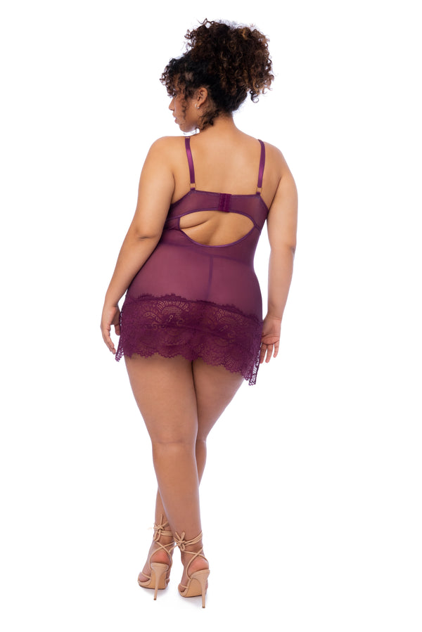 A luxurious eyelash lace babydoll featuring underwire support, side slits, adjustable straps, and a matching thong in a fitted silhouette.