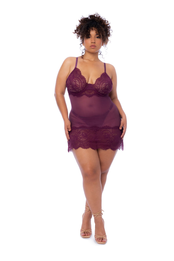 A luxurious eyelash lace babydoll featuring underwire support, side slits, adjustable straps, and a matching thong in a fitted silhouette.