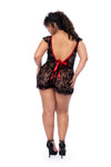A delicate floral lace babydoll featuring a contrasting bow detail, ruched back, and matching thong in a fitted silhouette.