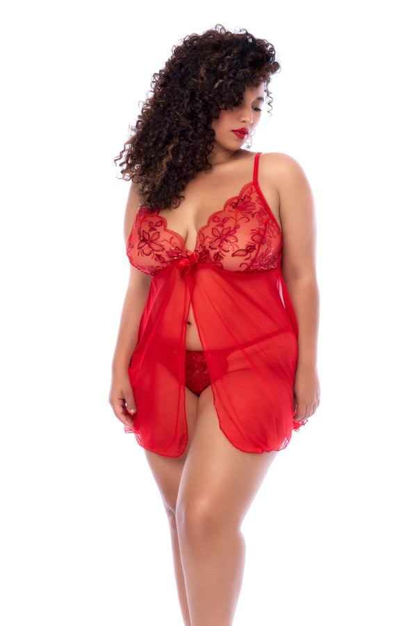 Plus size lingerie set featuring sequins and floral design with seductive transparency, including a top with front opening, adjustable straps, matching thong, and a loose silhouette.