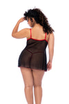 Plus size back view of a babydoll featuring embroidered hearts, underwire support, front opening, adjustable straps, a matching thong, and a semi-loose silhouette for a romantic and flattering look.