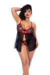 Plus size Front view of a babydoll featuring embroidered hearts, underwire support, front opening, adjustable straps, a matching thong, and a semi-loose silhouette for a romantic and flattering look.