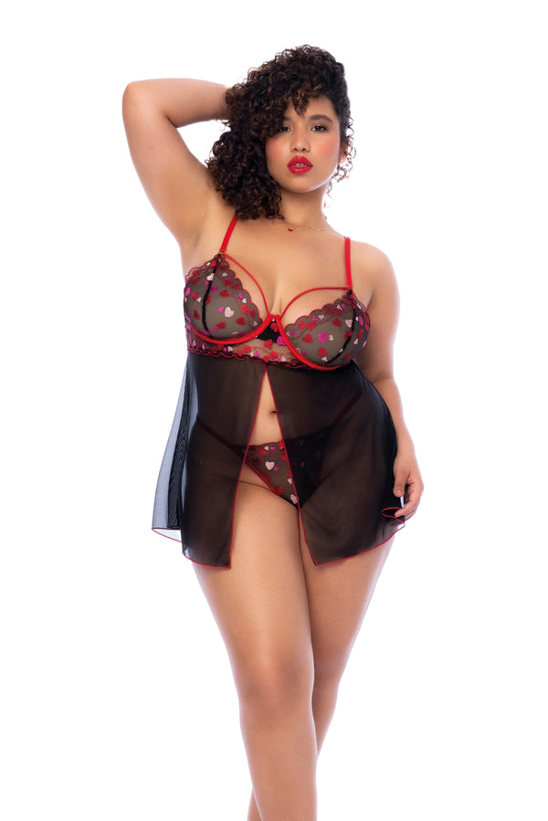Plus size Front view of a babydoll featuring embroidered hearts, underwire support, front opening, adjustable straps, a matching thong, and a semi-loose silhouette for a romantic and flattering look.