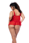 Back side of Plus size A babydoll in eyelash lace and stretch mesh with contrasting details, adjustable straps, a loose silhouette, and a matching thong for a simple yet romantic look.