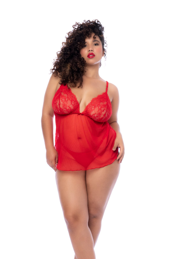 Front  side of Plus size A babydoll in eyelash lace and stretch mesh with contrasting details, adjustable straps, a loose silhouette, and a matching thong for a simple yet romantic look.