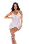 Romantic White Lace Halter Babydoll with Bow Accents & Thong