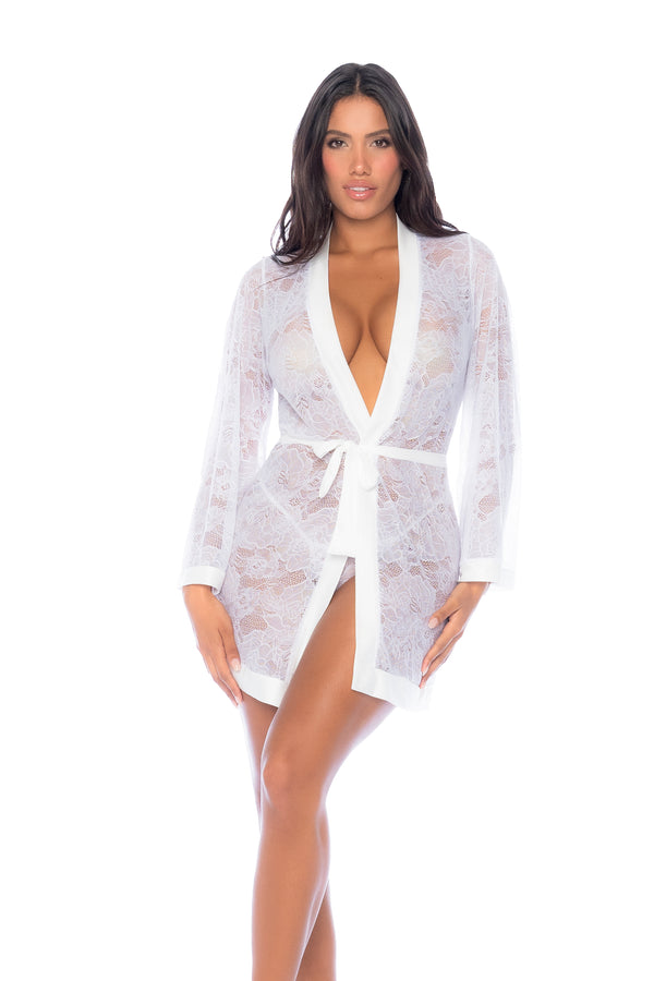 Elegant White Lace Bridal Robe with Sheer Mesh & Tie Closure