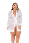 Elegant White Lace Bridal Robe with Sheer Mesh & Tie Closure
