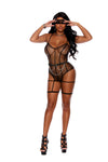 "Web of Desire" Fence Net Teddy – Seductive Black One-Piece with Thigh Straps & Blindfold