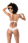 White Lace & Mesh Chain-Strap Bodysuit — Sheer V-Stripe Teddy