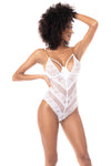 White Lace & Mesh Chain-Strap Bodysuit — Sheer V-Stripe Teddy