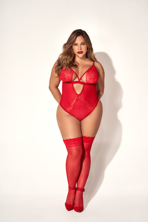 Scarlet Temptress Red Bodysuit Cutouts Underboob Design Removable Side Garter Belts Adjustable Straps Crotch Fastening