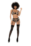 Embroidered Lace and Satin Three-Piece Set - Underwire Bra, Garter Belt, and Panty