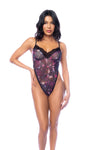 A floral print bodysuit featuring eyelash lace trims, a high-cut design, strappy back, adjustable straps, and crotch fastening.