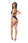 Side view of a bodysuit in contemporary wavy lace featuring a plunge neckline, open back design, and adjustable crotch fastening for a stylish look and thong back